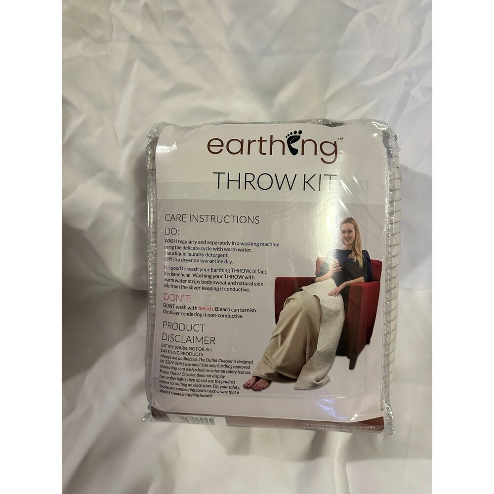 Earthing Throw Kit Grounding Blanket Beige 44"x68" with Silver Cord Clint Ober